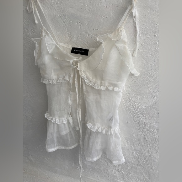 White Fox Boutique sheer white ruffle tie tank top - Picture 2 of 10
